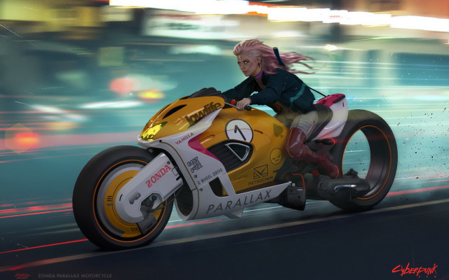 Woman motorcycle night cyberpunk artist free wallpaper for desktop - medium preview image