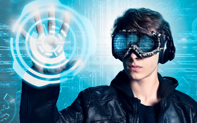Cyberpunk man virtual glasses leather free wallpaper for desktop - medium preview image
