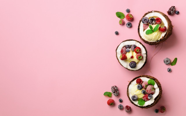 Coconuts berries leaves pink background free wallpaper for desktop - medium preview image