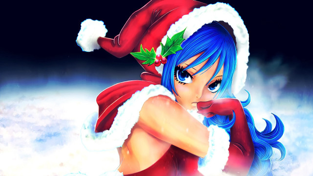 Cartoon girl blue hair santa free wallpaper for desktop - medium preview image