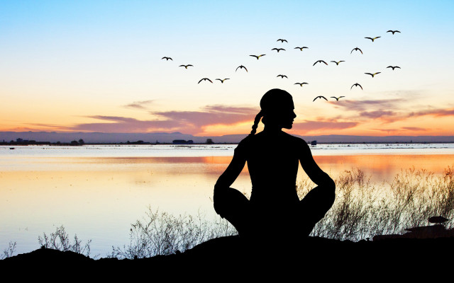 Woman yoga birds sunset lake free wallpaper for desktop - medium preview image