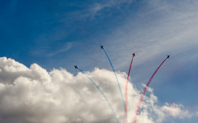 Four airplanes contrails cloudy sky free wallpaper for desktop - medium preview image
