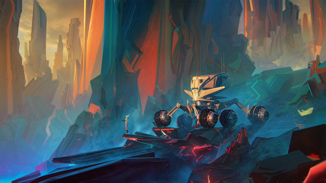 Futuristic vehicle landscape mountains man free wallpaper for desktop - medium preview image