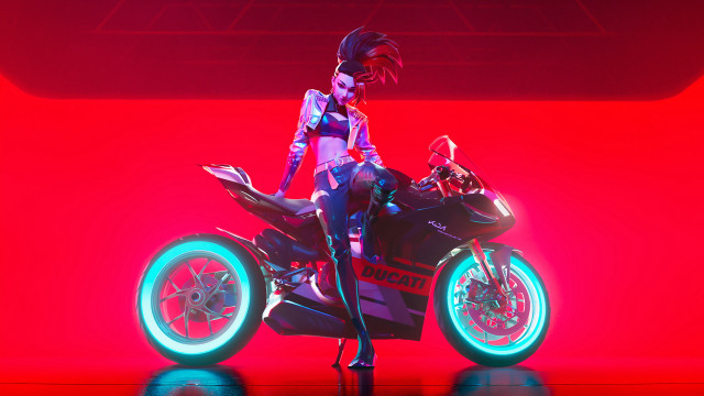 Woman motorcycle red room neon free wallpaper for desktop - medium preview image