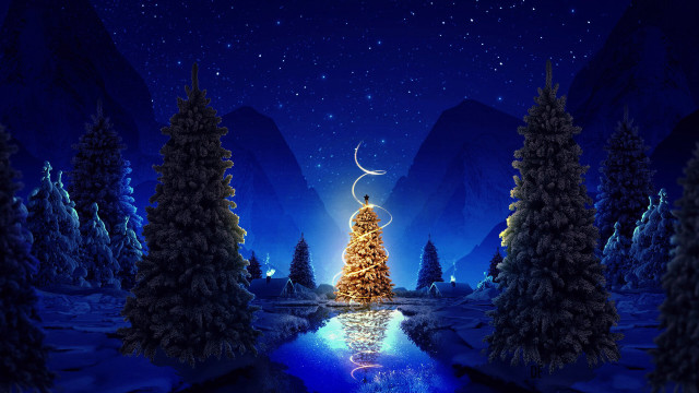 Christmas tree night sky moon free wallpaper for desktop - medium preview image
