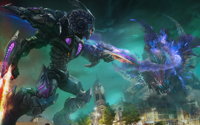 Futuristic robot attack giant alien free wallpaper for desktop - medium preview image