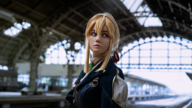 Blonde woman train station cosplay free wallpaper for desktop - medium preview image