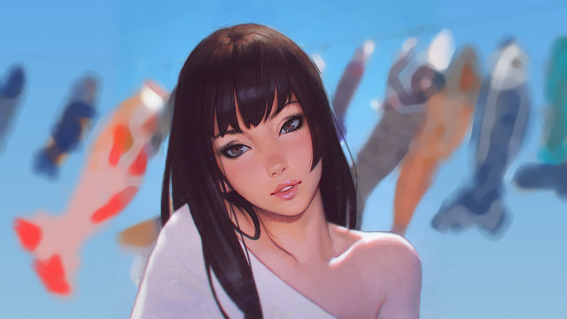 Woman longblackhair white shirt blurry free wallpaper for desktop - medium preview image