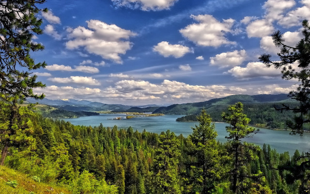 Lake mountains trees sky clouds free wallpaper for desktop - medium preview image