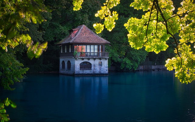 Enchanted lakehouse gazebo forest nature free wallpaper for desktop - medium preview image