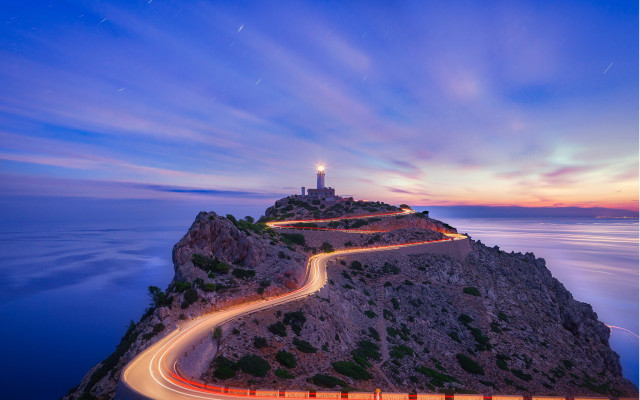 Long exposure lighthouse road night free wallpaper for desktop - medium preview image