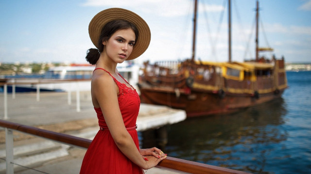 Woman red dress hat pier free wallpaper for desktop - medium preview image