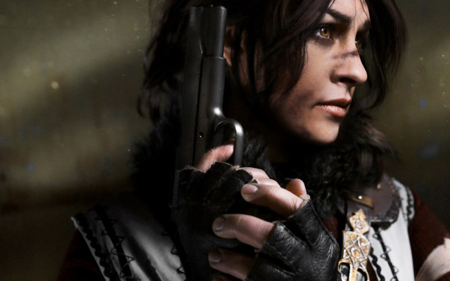 Woman gun black outfit brown free wallpaper for desktop - medium preview image