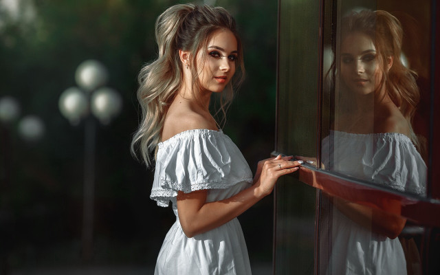 Woman white dress mirror reflection #2 free wallpaper for desktop - medium preview image