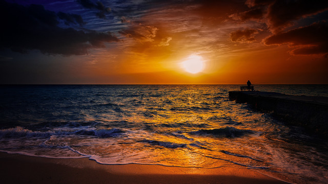 Sunset ocean bench waves mountain free wallpaper for desktop - medium preview image
