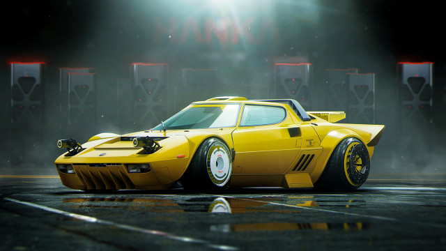 Yellow sports car spotlight retrofuturism free wallpaper for desktop - medium preview image