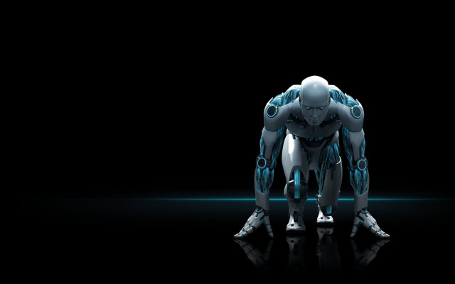 Robot cyborg standing dark blue free wallpaper for desktop - medium preview image