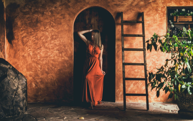 Woman red dress doorway ladder free wallpaper for desktop - medium preview image