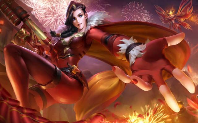 Red woman sword fireworks league free wallpaper for desktop - medium preview image