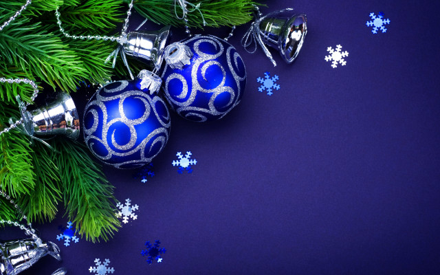 Blue ornament silver bells snowflakes free wallpaper for desktop - medium preview image