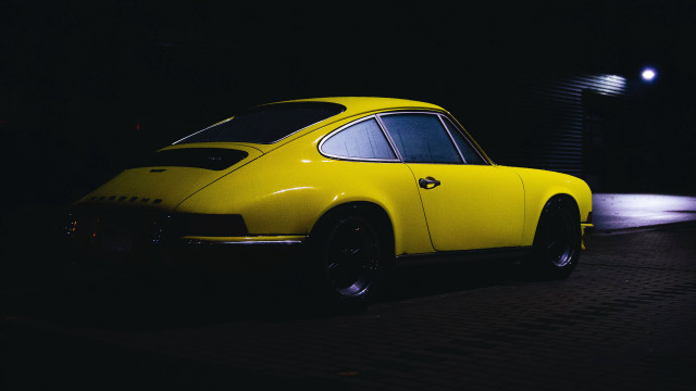 Yellow car night dark hood free wallpaper for desktop - medium preview image