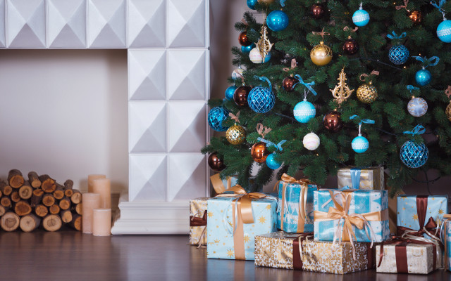 Christmas tree presents fireplace mantel #2 free wallpaper for desktop - medium preview image