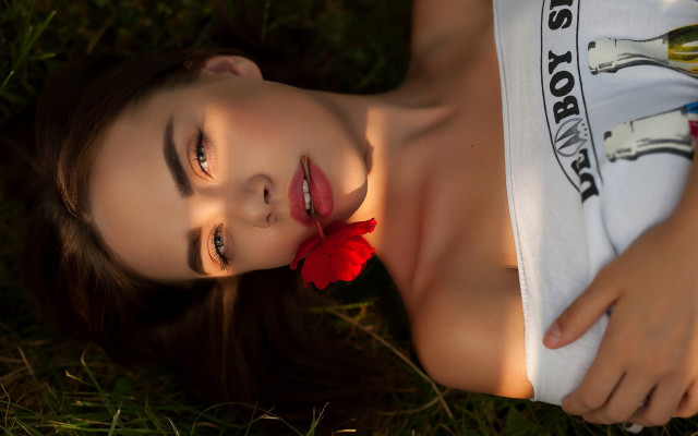 Woman grass flower wine romantic free wallpaper for desktop - medium preview image