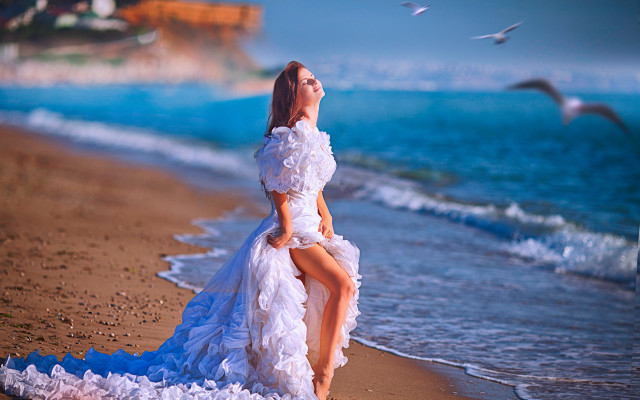 Beach woman white dress seagulls free wallpaper for desktop - medium preview image