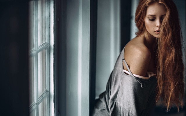 Woman long red hair leaning free wallpaper for desktop - medium preview image