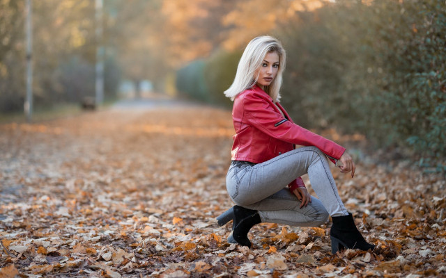 Woman leaves red jacket autumn free wallpaper for desktop - medium preview image