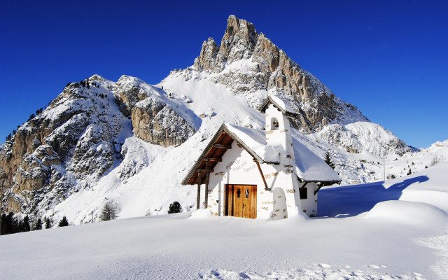 Small church snowy mountain range free wallpaper for desktop - medium preview image