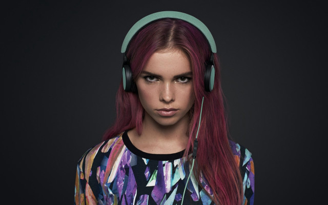 Woman headphones colorful shirt portrait free wallpaper for desktop - medium preview image