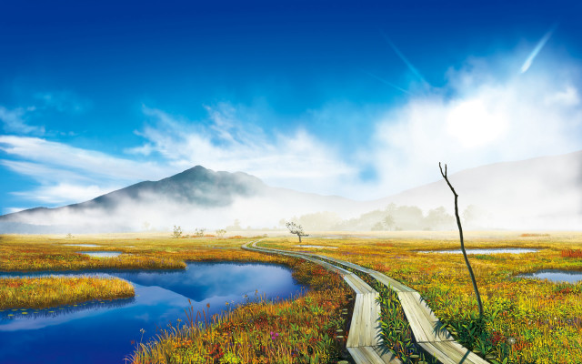 Marshy road mountain foggy sky free wallpaper for desktop - medium preview image