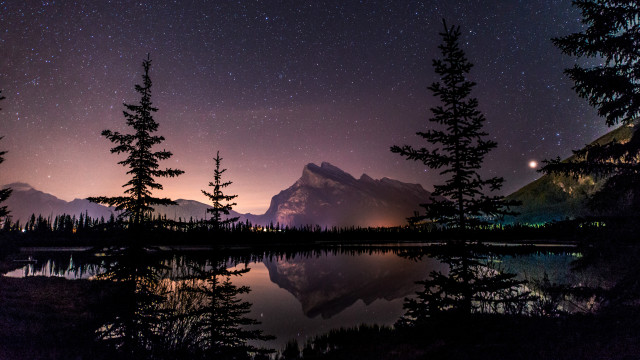 Night mountain lake trees starry free wallpaper for desktop - medium preview image