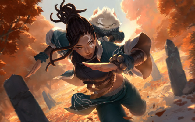 Woman sword cat demon autumn free wallpaper for desktop - medium preview image