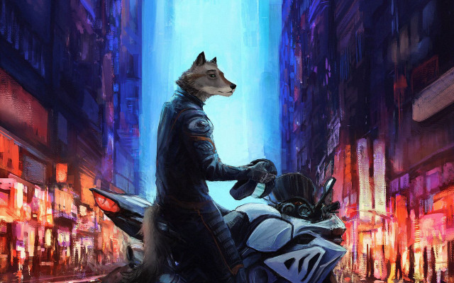 Man motorcycle city dog cyberpunk free wallpaper for desktop - medium preview image