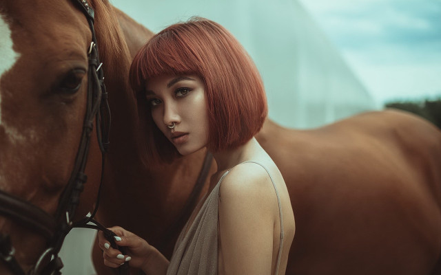 Woman red hair horse cigarette free wallpaper for desktop - medium preview image