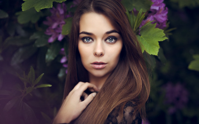 Woman blue eyes purple flowers free wallpaper for desktop - medium preview image