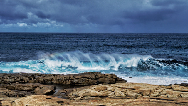 Wave crashing ocean cloudy rainbow free wallpaper for desktop - medium preview image