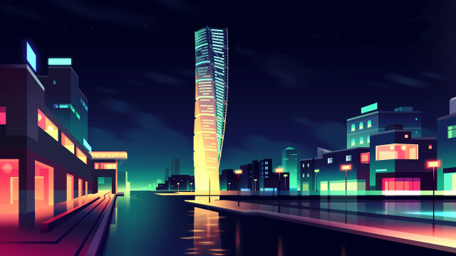 City night river tower cyberpunk free wallpaper for desktop - medium preview image