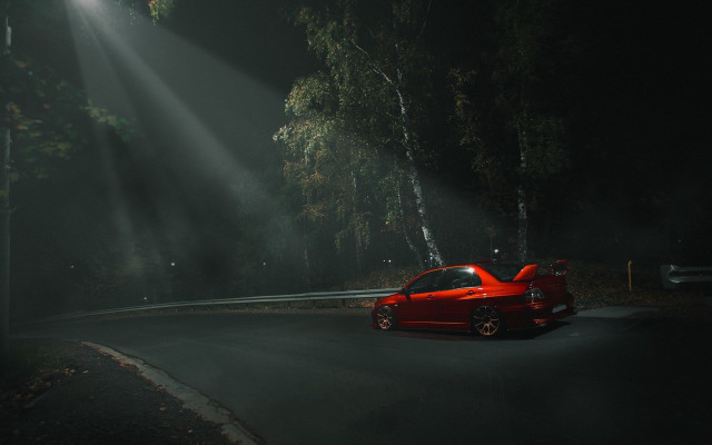 Red car night forest city free wallpaper for desktop - medium preview image