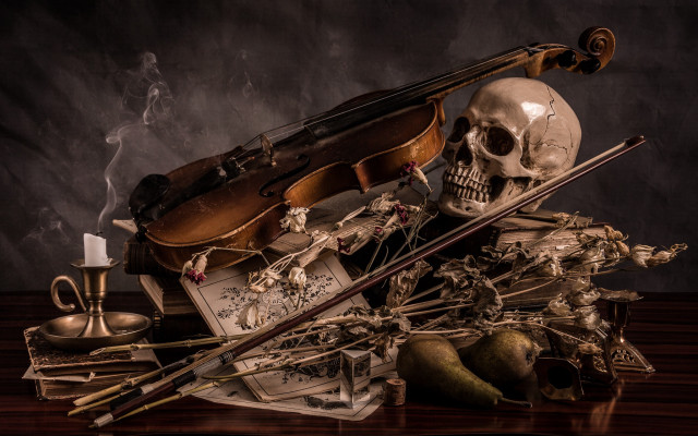 Violin skull smoke wine vanitas free wallpaper for desktop - medium preview image