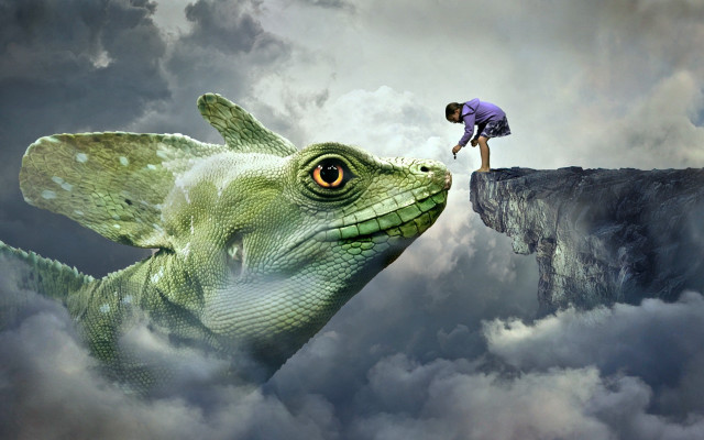Cliff man giant lizard clouds free wallpaper for desktop - medium preview image