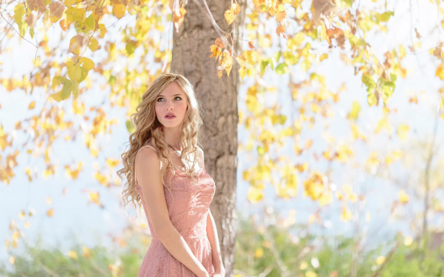 Woman pink dress suitcase autumn free wallpaper for desktop - medium preview image