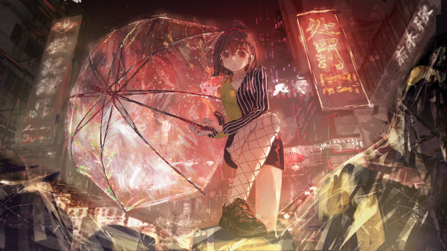 Woman umbrella city night neon free wallpaper for desktop - medium preview image