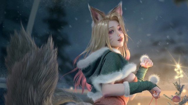 Girl green sweater cat flower free wallpaper for desktop - medium preview image