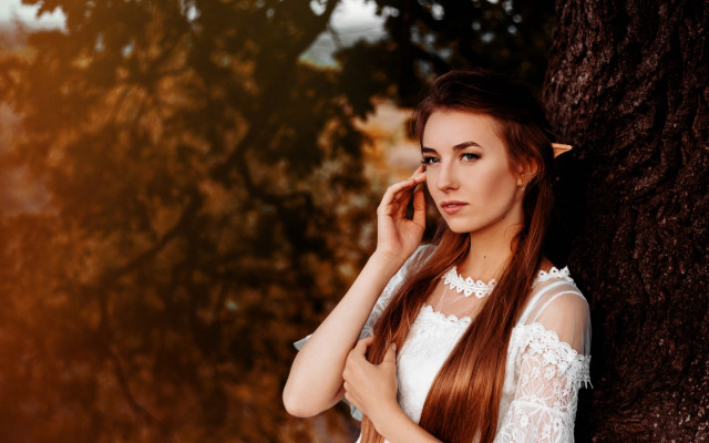 Woman elf autumn tree white free wallpaper for desktop - medium preview image