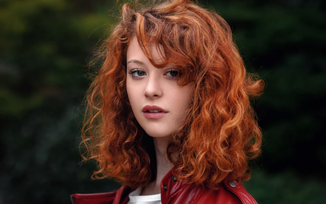 Red haired woman red jacket #2 free wallpaper for desktop - medium preview image