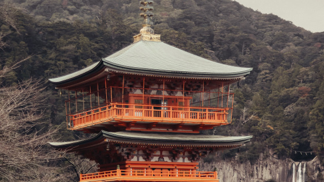 Tall pagoda clock waterfall trees free wallpaper for desktop - medium preview image