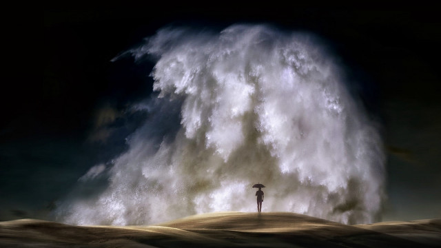 Person umbrella wave beach surreal free wallpaper for desktop - medium preview image